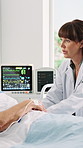 Woman, doctor or monitoring patient in hospital bed for health procedure, rest or recovery. Female person, healthcare worker or discussion with client for medical results, diagnosis or exam in clinic