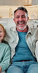 Face, father and laugh with kids in home for love, bonding together and connection on weekend. Happy family, care and girl with funny parent in living room for support, relax and smile with sibling
