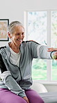 Physio, exercise and old woman in clinic with dumbbell, mobility support and smile for rehabilitation. Happy, senior person and assistance in office with physical therapy, equipment and arm workout.