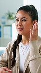 Doctor, headache and consultation with woman for healthcare, hypertension symptoms or diagnosis. Clinic, medical worker and patient with conversation, illness evaluation or assessment in hospital