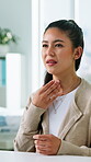 Health, consultation and woman with sore throat in clinic for flu symptoms, tonsillitis or feedback. Medical, patient and discussion in hospital checkup for viral infection, postnasal drip or explain