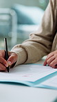 Healthcare, paperwork and writing with hands of doctor in office for patient information, referral letter and form. Medical report, symptoms history and survey with people in clinic for documents