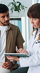 Health, man and doctor with tablet for exam, sore throat and explain symptoms of acute bronchitis. Patient, medical worker and tech in hospital checkup for chest pain, viral infection and diagnosis