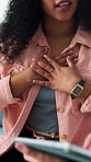 Doctor, hands and health exam with chest pain from postnasal drip, tonsillitis or explain symptoms. Medical worker, woman or patient checkup with tech for viral infection, reflux disease or diagnosis