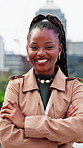 Face, smile and businesswoman with confidence in city, laughing and financial advisor with pride. Funny, arms crossed and happy black person, investment professional and career ambition in town