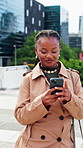 Walk, happy woman or dance with phone in city for interview feedback, promotion email or good news. Movement, black person and smile with mobile outdoor for job offer, career breakthrough and pride
