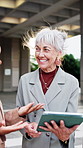 Tablet, team and businesswomen in city for conversation, real estate listing or development report. Tech, happy people and planning outdoor for idea proposal, property price review and feedback