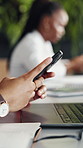 Businesswoman, hands and typing in office with phone, company email and online calendar notification. Coworking, person and browse in agency with tech, text message or mobile app for digital schedule