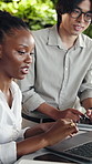 Online, advice and people with laptop in business, digital marketing and planning for project on web. Colleagues, discussion and happy with technology, teamwork and help for ad campaign in office