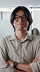 Face, arms crossed and happy man in office for creative career, magazine editor and coworking. About us, confidence and person in agency for business publication, manager and portrait with glasses
