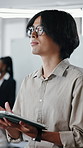 Thinking, typing and man in office with tablet, draft insight or source feedback for article. Reflection, coworking and journalist with tech, story planning or industry research for publication