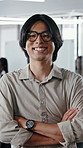 Face, arms crossed and man in office for creative career, magazine editor and coworking. About us, confidence and happy person in agency for business publication, manager and portrait with glasses