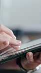 Typing, tablet and hands of businessman in office with email feedback on finance report online. Research, digital technology and financial manager with update on investment proposal in workplace.