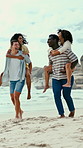 Holiday, laugh or friends at beach with piggyback, bonding trip or happy moment on summer vacation. Smile, waves or people outdoor with running, fun together or playful connection on seaside getaway.