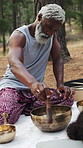 Sound, meditation and man with Tibetan singing bowl for indigenous spiritual healing in holistic practice. Soul, music and people outdoor with calm vibration of metal instrument to balance chakra