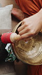 Sound therapy, meditation and woman with Tibetan singing bowl for indigenous spiritual healing in holistic practice. Soul, music and above person with calm vibration of instrument to balance chakra