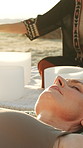 Sound, meditation and woman with Tibetan singing bowl for indigenous spiritual healing in holistic practice. Soul, music and people outdoor with calm vibration of instrument to balance chakra