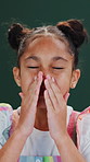 Sick, child and girl in studio with sneeze, sinus infection and health issue with hayfever symptoms. Kid, allergy and medical problem with flu virus, nasal irritation and illness on green background.