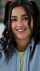 Girl, student and face in home for smile with university education, scholarship or assignment. Female person, portrait and studying in living room for school lesson with confidence, project or break