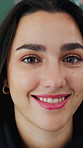 Smile, student and face in home for studying with university education, scholarship or assignment. Female person, portrait and happy in living room for school lesson with confidence, project or break
