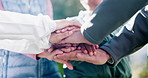 Fitness, coach or senior people with handstack, outdoor bonding or motivation for exercise. Applause, trainer or elderly friends with gesture, workout together or encouragement in retirement activity