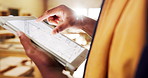 Hands, person and blueprint on tablet screen for carpentry design, shopfitting project and flare. Warehouse, carpenter and scroll on floor plan for cabinetry layout, woodwork review and evaluation