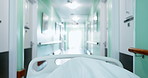 Healthcare, hospital bed and hallway with POV for medical care, health insurance and help in surgery. ER, emergency and lobby at clinic with stretcher for wellness, service and support in medicine