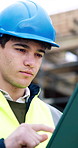 Man, engineer and tablet at site for construction, research or inspection report for architecture. Thinking, person and digital for evaluation, agenda update and information for building development