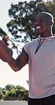 Smile, people and handshake at park for fitness, support or celebration for exercise success. Happy, black men or shaking hands in nature with hug, sports achievement and thank you for training goals