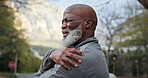Fitness, man or stress with shoulder pain outdoor for runner injury, repetitive strain or arthritis. Cardio, mature black person and massage arm for muscle fatigue, rotator cuff tendonitis or tension