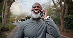 Phone call, laugh and black man walking outdoor for exercise, fitness or active wellness. Happy, cellphone and mature person on mobile conversation for communication, advice or feedback with cardio.