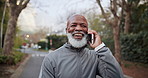 Phone call, walking and black man outdoor for exercise, fitness or active wellness in morning. Laugh, cellphone and mature person on mobile conversation for communication, advice or feedback.