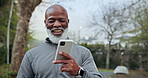 Phone call, happy and black man outdoor for fitness, exercise or active wellness. Walking, cellphone and mature person laughing on mobile conversation with audio tech for communication with cardio.