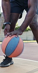 Basketball, hands and dribbling workout on court for match fitness, coordination or conditioning. Training, player and sport drills at park for skill development, athletic performance or ball control