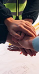Architecture, blueprint and people with hand stack for agreement, teamwork and construction project. Engineering, building and workers with huddle for partnership, planning and meeting with layout
