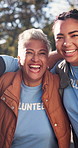 Volunteers, face and team in park with support, NGO activist and about us as charity organization. Happy people, bokeh or outreach staff with hug, diverse group or confidence in social responsibility