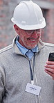 Construction, phone and man at site laugh for funny email, social media or online for building report. Architecture, supervisor and mature person on cellphone for infrastructure, planning or internet
