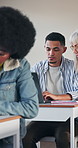 Boy, student and teacher helping with laptop in classroom for education, learning or question. Academic, learner or computer with tutor, exam or test for assistance, tips or guidance in school