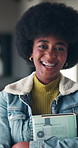 Laugh, school and face of girl with books in corridor for learning, education and ready for knowledge. Portrait, happy and student with biology textbook for lesson, science course or study at college