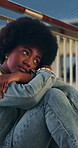 Sad, thinking and teenager at high school with stress, social anxiety or academic pressure. Upset, doubt and African girl student on balcony with education burnout, exhaustion or bullying on campus.