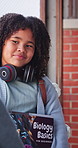 Listening, happy and girl with friends at school for social development, conversation and learning. Hallway, students and kids outdoor for chat, talking and break for education, bonding and knowledge