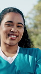 Face, woman or nurse outdoor with confidence, scholarship or smile for education. Portrait, medical student or person with arms crossed in park with opportunity, positive and happy on study break