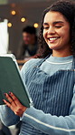 Woman, barista and tablet with smile for reading, social media and food truck cafe review. People, tech and waiter for customer service, online order or mobile coffee shop menu for networking