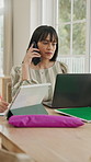 Mom, laptop and phone call with child in home for remote work, business discussion or conversation. Mother, parent or freelancer talking with smartphone, kid or computer for communication in house