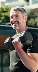 Fitness, outdoor and mature man with dumbbells, weights and lifting for tough muscle workout. Male person, athlete and bicep curl for bodybuilding with wellness, health or training exercise in summer