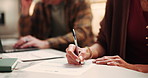 Hands, woman and writing in home with document, application and policy for financial loan. People, laptop and registration at house with paperwork, finance contract and compliance form for investment