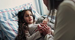 Child, mother and holding hands on bed for care, love and bonding with daughter for family connection. Parent, girl and support in bedroom at home with safety, security and trust together with mom