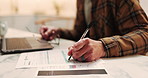 Hands, man and writing in home with document, application and information for financial loan. Person, laptop and consent at house with paperwork, finance contract and compliance form for investment