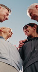 Smile, friends and hug outdoor for fitness, discussion and feedback on training session. Low angle, mature people and laugh in nature with embrace, funny conversation and pilates advice for wellness
