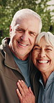 Senior, face or happy couple with hug for selfie, bonding or photography together in nature. Portrait, elderly man or woman with smile for relationship, picture or capture moment in outdoor park